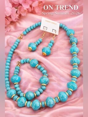 Turquoise Bead Jewelry Set - Necklace, Bracelet & Earrings